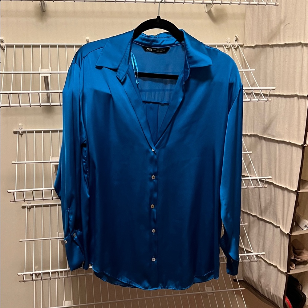 Zara Sleek Blue Satin Blouse